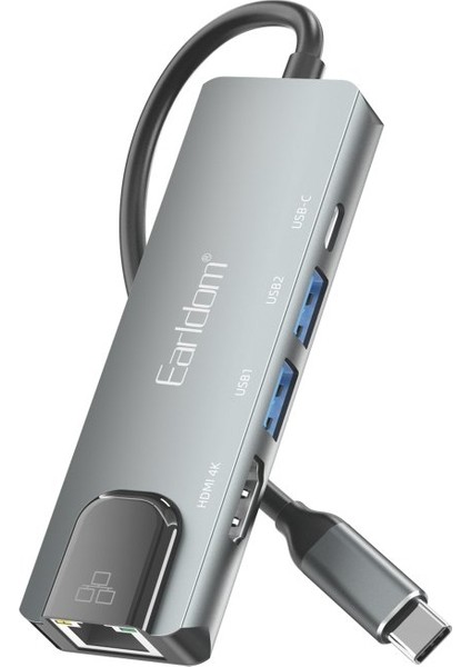 W27 5in1 1 Adet 4K HDMI / 2 Adet USB / 1 Adet Type-C Çıkışlı / 1 Adet RJ45 100 Mbps Ethernet Çıkışlı Type-C Girişli Hub Dönüştürücü