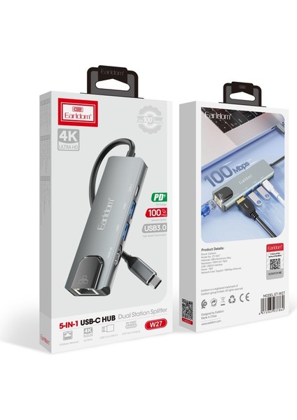 W27 5in1 1 Adet 4K HDMI / 2 Adet USB / 1 Adet Type-C Çıkışlı / 1 Adet RJ45 100 Mbps Ethernet Çıkışlı Type-C Girişli Hub Dönüştürücü fiyatları