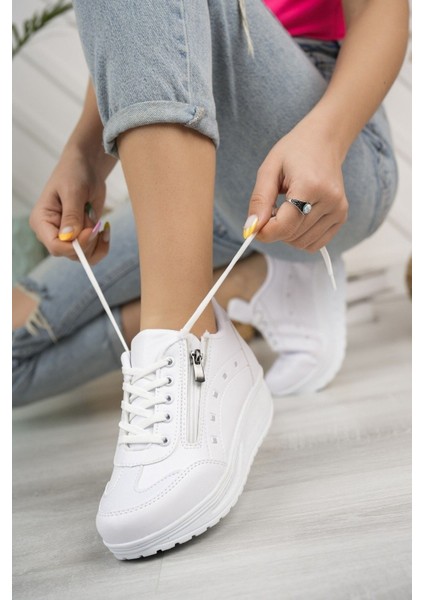 Kadın Yüksek Taban 3 cm Fermuarlı Şık Günlük Dört Mevsim Hafif Rahat Sneaker Spor Ayakkabı
