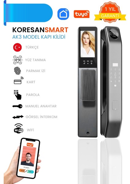 Tuya Akıllı Kapı Kilidi - Yüz Tanıma - Parmak Izi - Wifi - Parola - Ak3 Model
