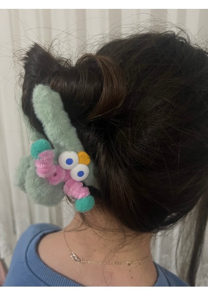 Kadın Kız Peluş Mandal Toka 12 cm Iki Adet Yeşil