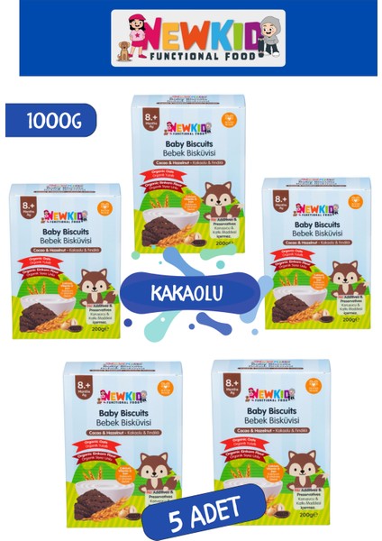 NewKid Organik Siyez Unu ve Organik Yulaflı, Tereyağlı, Kakaolu Bebek ve Çocuk Bisküvisi, 200 g X 5