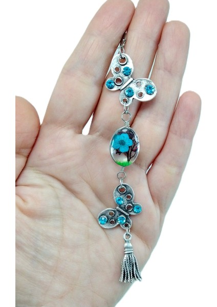 Dikiz Ayna Süsü, Turkuaz Parlak Taşlı Kelebek Yaşayan Manzara Araba Süsü