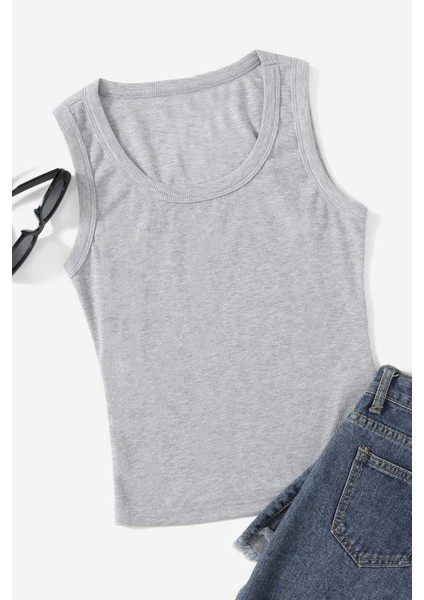 Düz Renk Kadın Kolsuz Bluz Crop Top