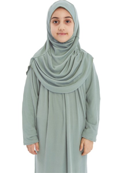 Çocuk Namaz Elbisesi- Kaşkorse Pratik Başörtülü - Açık Su Yeşili
