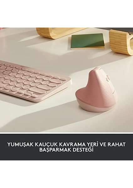 Lift Kablosuz Ergonomik Dikey Mouse, 57° Dikey Açı, 4000 Dpı, Sessiz, Küçük ve Orta Eller Için, Bluetooth, Logi Bolt USB Alıcı, 24 Ay Pil Ömrü, Pembe