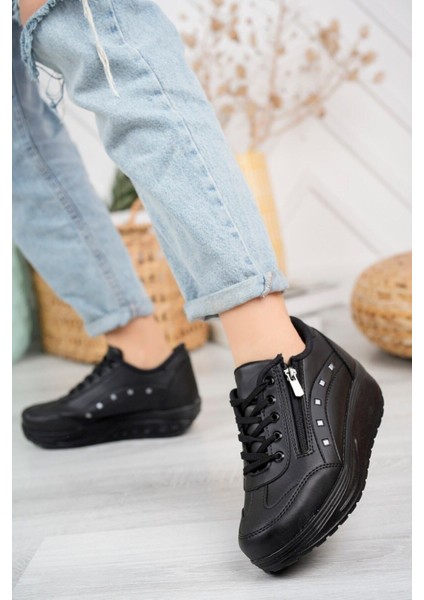 Kadın Yüksek Taban 3 cm Fermuarlı Şık Günlük Dört Mevsim Hafif Rahat Sneaker Spor Ayakkabı