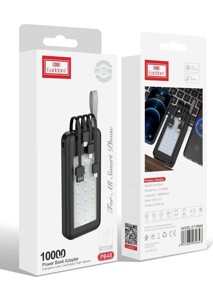 PB48 10.000 Mah 10W LED Işıklı 3in1 Dahili Kablolu Powerbank
