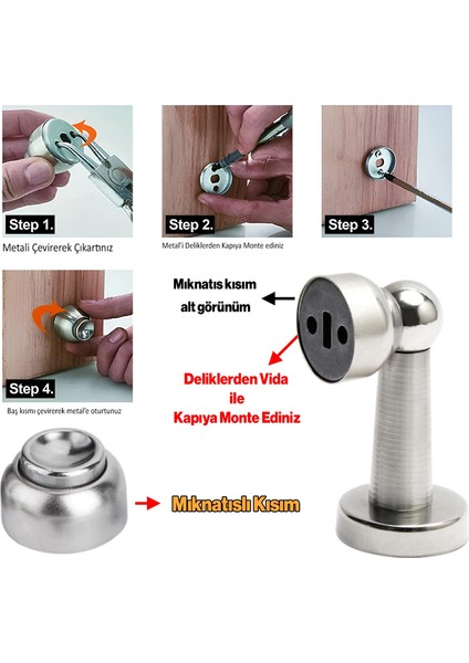 Mıknatıslı Ayaklı Metal Kapı Tutucu Çarpma Önleyici Durdurucu Stoper Vidalı Tampon Krom 4 Adet