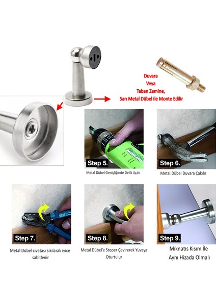 Mıknatıslı Ayaklı Metal Kapı Tutucu Çarpma Önleyici Durdurucu Stoper Vidalı Tampon Krom 4 Adet