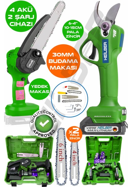 Alman Green V598/21V +4 Batarya , 6806Y Akülü 10-15CM Dal Budama Testeresi ve 6253Y 30MM Yedek Bıçak Şarjlı Bağ Makası