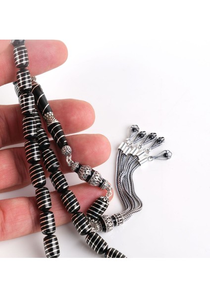 Erzurum Oltu 925 Ayar Gümüş Püskül ve Helezon Işlemeli Nakkaş İmame Kapsül Kesim 7X11.5 Mm Tesbih - Yusuf Akansel Usta El Işi