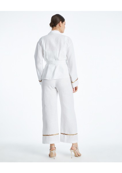 Kadın Şık Takım – Kuşak Detaylı, Parlak Işlemeli Şerit Tasarımlı - Ceket ve Bol Paça Pantolon – Günlük ve Özel Davet Için Takım