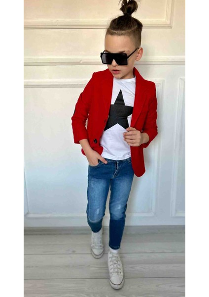 Erkek Çocuk Ceket Kot Pantalon ve Tişört Takım Kombın Bayramlık