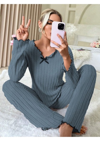 Indigo Pamuklu Fiyonk Detaylı Pijama Takımı