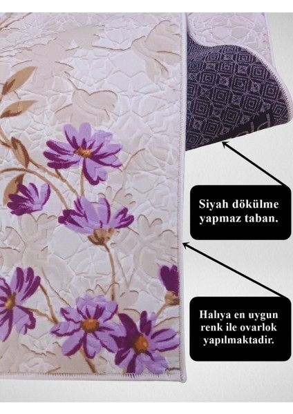 Elit Lila Kahve Çiçekli Kabartmalı Kaymaz Taban Yıkanabilir Kesme Yolluk Halı