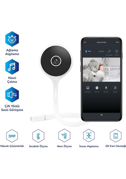 Flex Wi-Fi Akıllı Bebek Kamerası, Ağlama Algılama, Ninni Çalma, Sıcaklık ve Nem Ölçümü, Bebeğinizle Uzaktan Konuşma