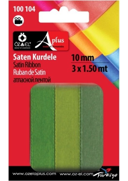 Yeşil Renk 3 Adet 10 mm Saten Kurdele 3 x 1.50 cm 100 104