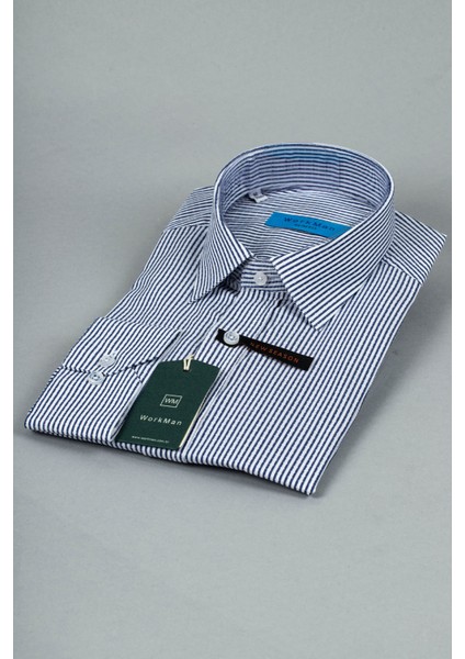 Lacivert Çizgili Desenli %100 Pamuk Slim Fit Uzun Kollu Erkek Gömleği (Yeni Sezon)