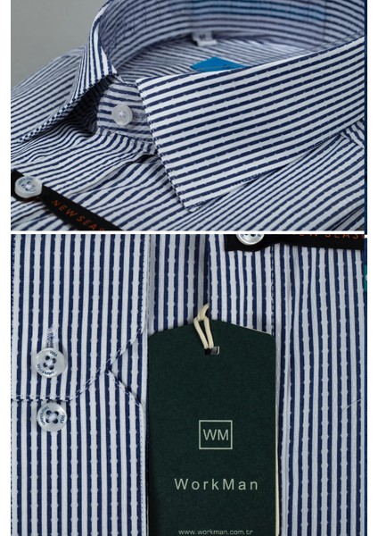 Lacivert Çizgili Desenli %100 Pamuk Slim Fit Uzun Kollu Erkek Gömleği (Yeni Sezon)