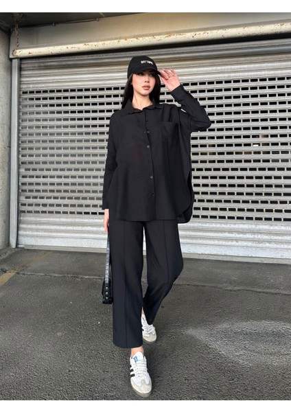 Kadın Uzun Kollu Gömlek Bol Paça Pantolon Keten Rahat Takım