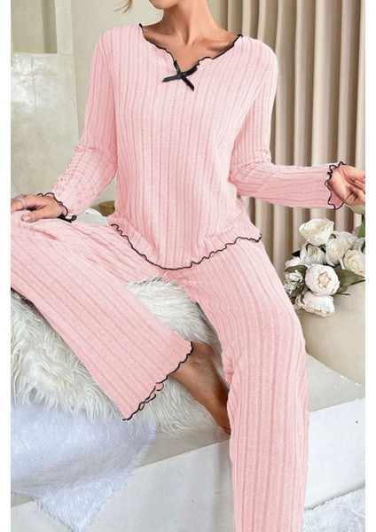 Pembe Pamuklu Fiyonk Detaylı Pijama Takımı fiyatları