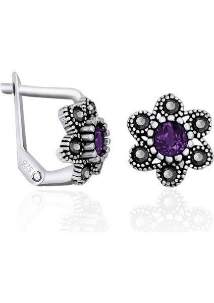 Ametist Taşlı Gümüş Küpe Klipsli Model Markazit Küpe ST094