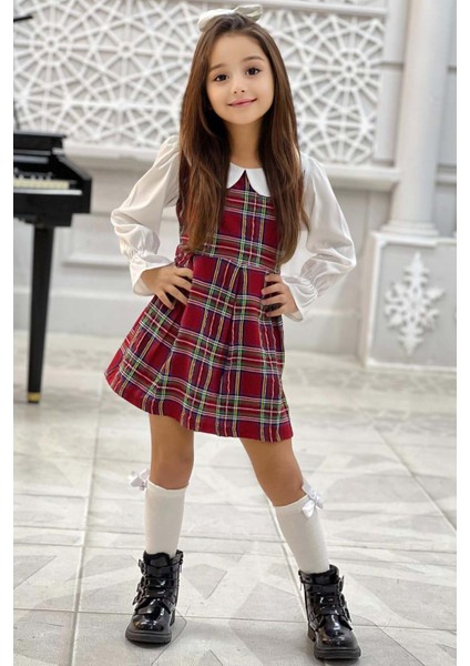 Kız Çocuk Üzeri Kare Çizgili Ispanyol Kol Bebe Yakalı Kırmızı Elbise