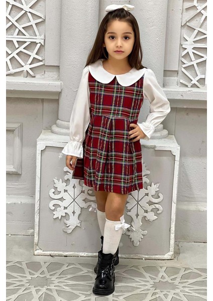 Kız Çocuk Üzeri Kare Çizgili Ispanyol Kol Bebe Yakalı Kırmızı Elbise fiyatları