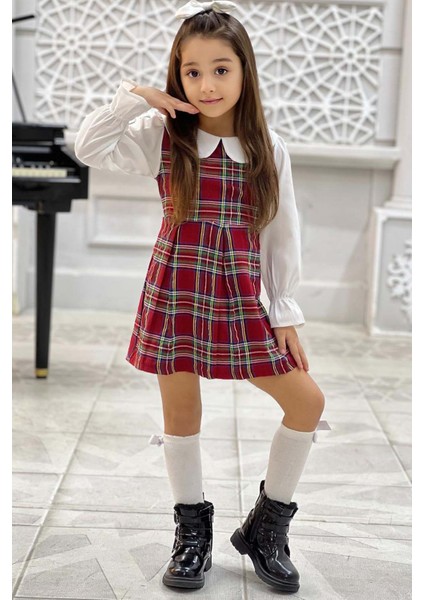 Kız Çocuk Üzeri Kare Çizgili Ispanyol Kol Bebe Yakalı Kırmızı Elbise fırsatları