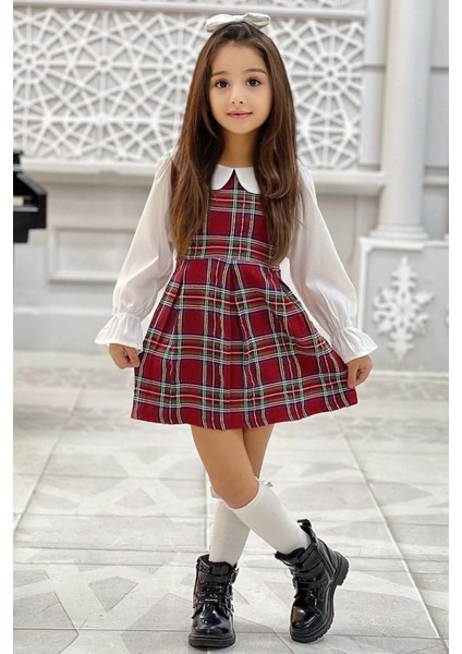 Kız Çocuk Üzeri Kare Çizgili Ispanyol Kol Bebe Yakalı Kırmızı Elbise indirimleri