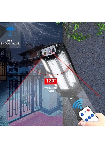 100W Solar Güneş Enerji Şarjlı Kumandalı Sensörlü Dış Mekan Bahçe Balkon Ev Aydınlatma Projektör Sokak Lambası
