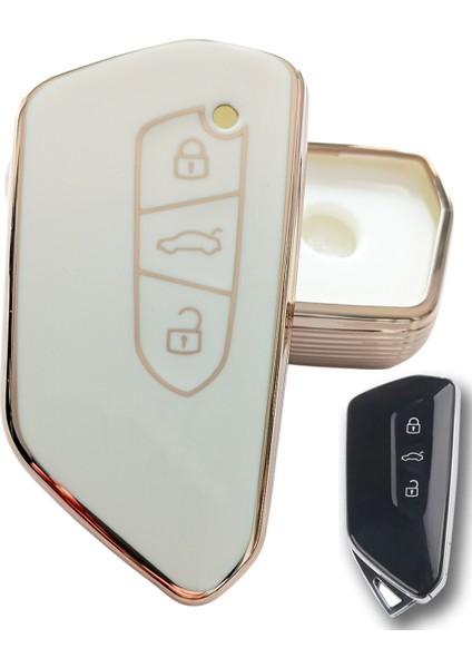 Volkswagen Golf 8 Seat Cupra Skoda Octavia Uyumlu Kumanda Anahtar Kılıfı Oto Anahtarlık Beyaz Gold