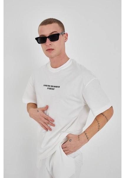 Oversize Yazı Baskılı Bisiklet Yaka Unisex Tshirt