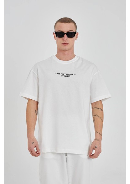 Oversize Yazı Baskılı Bisiklet Yaka Unisex Tshirt fiyatları