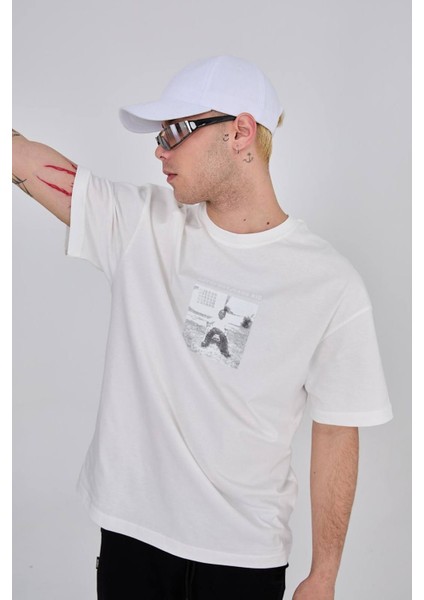 Oversize Bisiklet Yaka Baskılı Tshirt