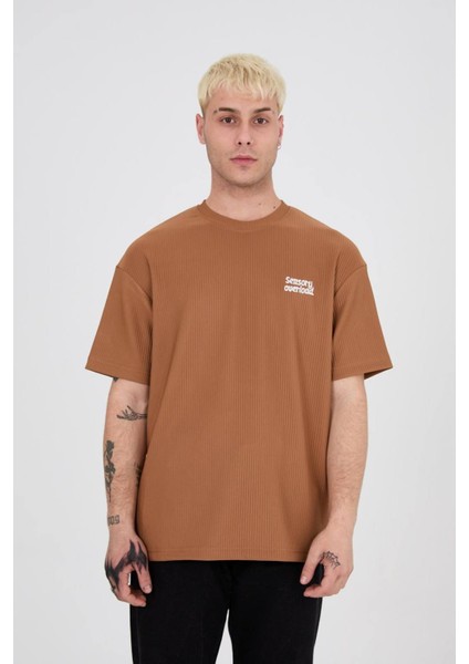 Oversize Yazı Baskılı Bisiklet Yaka Tshirt