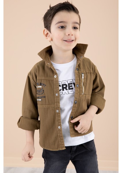 Erkek Çocuk Taba Fermuar Cepli Yazı Baskılı Tişörtlü Ceket 20093