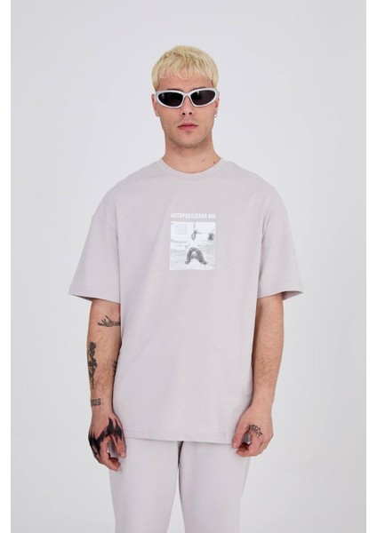 Oversize Bisiklet Yaka Baskılı Tshirt