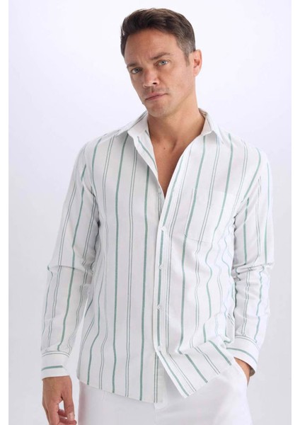 Regular Fit Polo Yaka Çizgili Oxford Uzun Kollu Yeşil Erkek Gömlek D6101AX/GN900