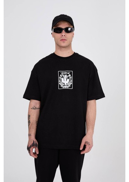 Oversize Bisiklet Yaka Ön Arka Baskılı Tshirt