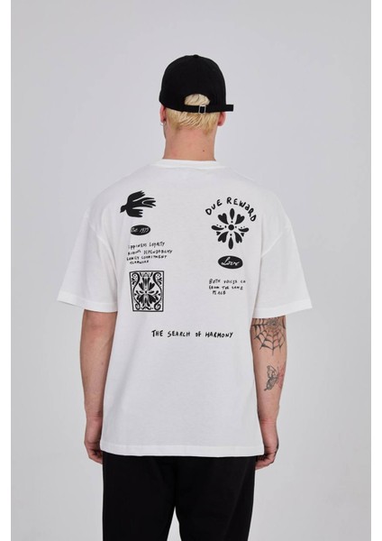 Oversize Bisiklet Yaka Ön Arka Baskılı Tshirt