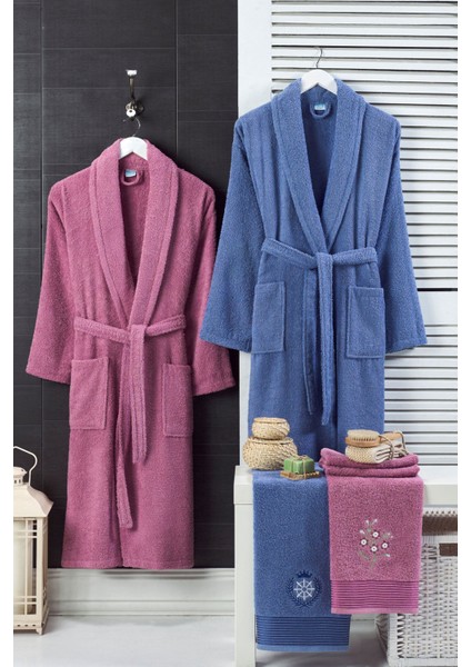 4 Parça Aile Bornoz Seti Kadın Erkek Havlulu Bornoz Takımı