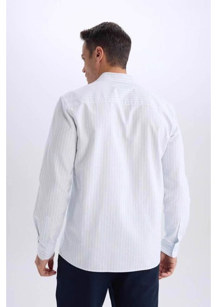 Regular Fit Polo Yaka Çizgili Oxford Uzun Kollu Açık Mavi Erkek Gömlek D6101AX/BE196 fırsatları