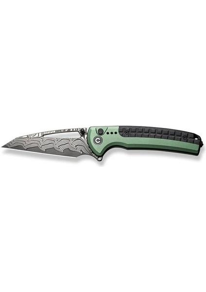 Sentinel Strike Flipper & Thumb Stud & Button Lock Knife Green Aluminum & Frn Damascus Handle Çakı