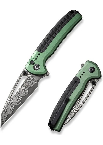Sentinel Strike Flipper & Thumb Stud & Button Lock Knife Green Aluminum & Frn Damascus Handle Çakı fiyatları