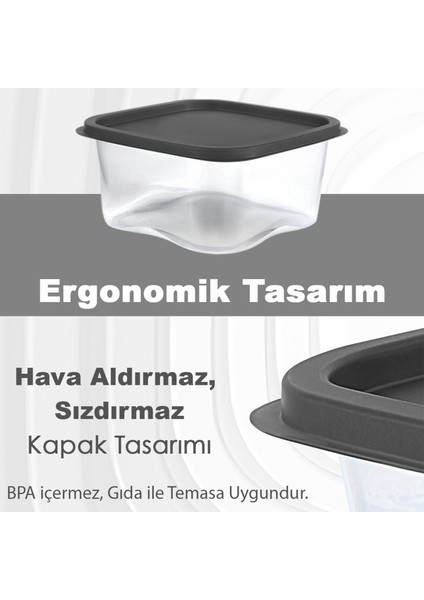 12 Adet Kare Erzak Gıda Saklama Kabı - Buzdolabı Düzenleyici Mikrodalga Difriz Kabı 630ML Antrasit