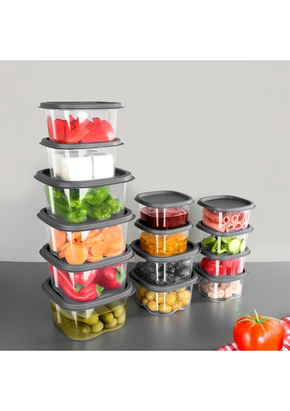 14'lü Kare Erzak Gıda Saklama Kabı Seti - Buzdolabı Düzenleyici Mikrodalga Difriz Kabı Antrasit
