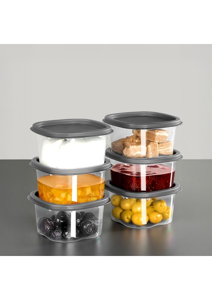 6 Adet Kare Erzak Gıda Saklama Kabı - Mikrodalga Derin Dondurucu Saklama Kabı 210ML Antrasit