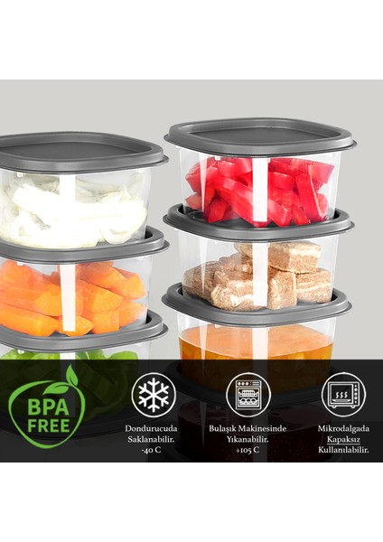 6 Adet Kare Erzak Gıda Saklama Kabı - Mikrodalga Derin Dondurucu Saklama Kabı 210ML Antrasit fiyatları